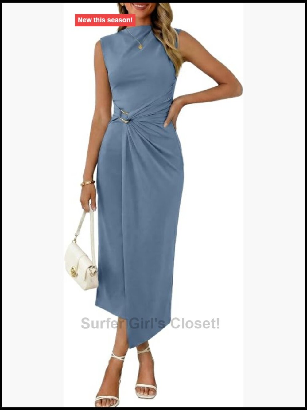 Mock Neck Ruched Bodycon Midi Dress Sleeveless Knit Slit